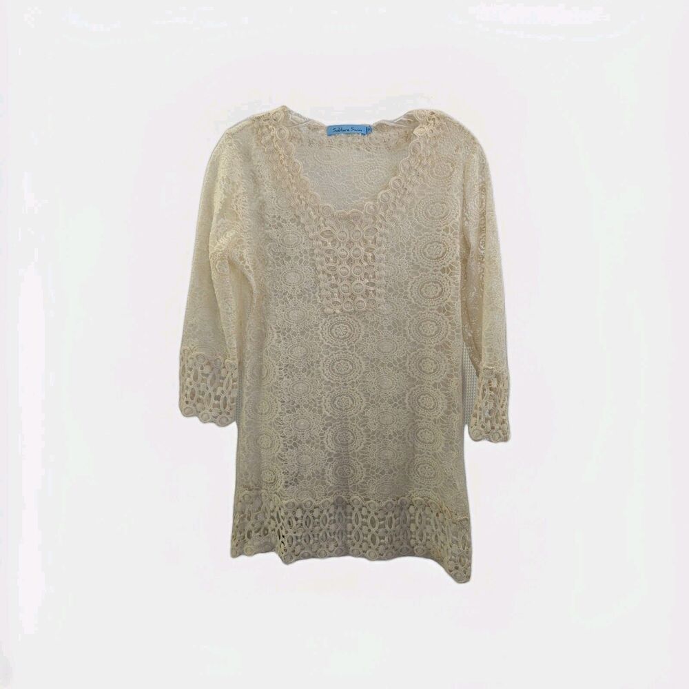 Solitaire Swim Cream Lace Coverup Boho Bohemian Beach Top 3/4 Sleeve (H06)
